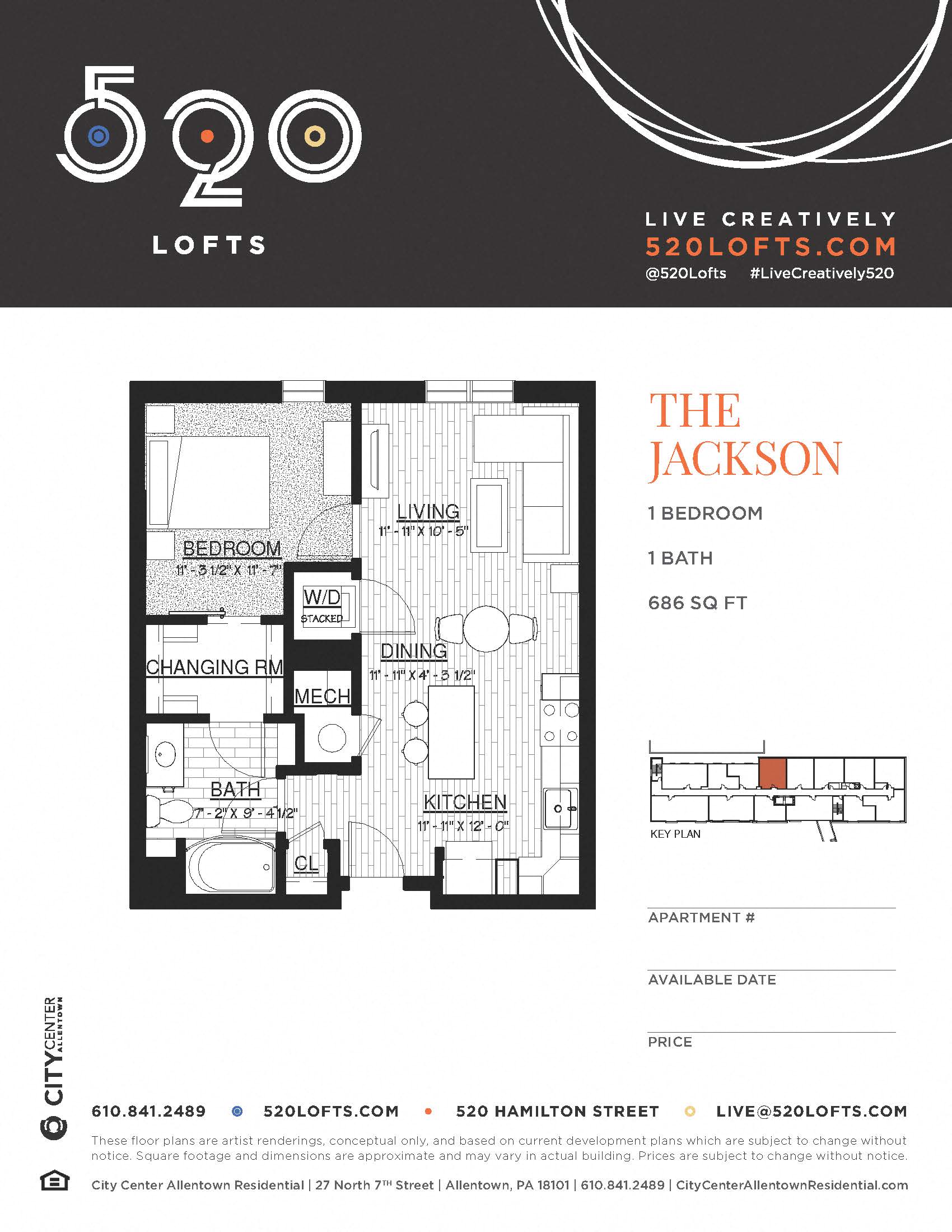 Floor plan for 1 bed, 1 bath, 686 sqft